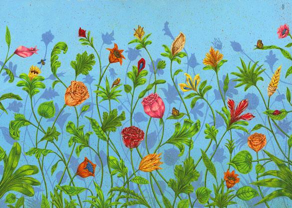 Fotodruck Tapete Wallpepper GROWING BLISS Blumen Wiese grün rot gelb orange blau aus Berlin online bestellen