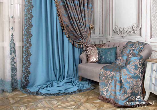 Wohnzimmer Gardinen Deko blau weiss braun