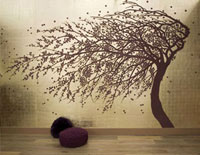 Raumbild Wohnzimmer - Tapeten Idee Motiv Baum braun Tapete handgemalt auf echt gold