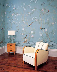 Raumbild Wohnzimmer - Tapeten Idee Blumen hellblau Motiv Tapete handgemalt auf Seide