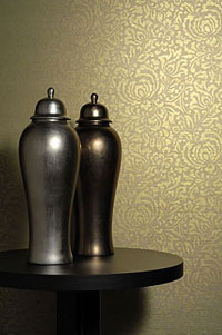 Raumbild Wohnzimmer - Tapeten Idee Grastapete gold mit metallic Muster aus Berlin Deutschland