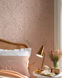 Raumbild Schlafzimmer - Tapeten Idee rosa Linkrusta aus Berlin Deutschland