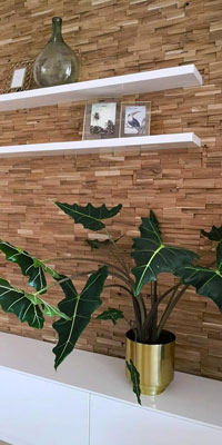 Raumbild Wohnzimmer - Tapeten Idee Holz Wandpaneele Verblender - Wandverkleidung mit Holzklinker - Holzverblender Deja vu für innen aus Berlin Deutschland kaufen