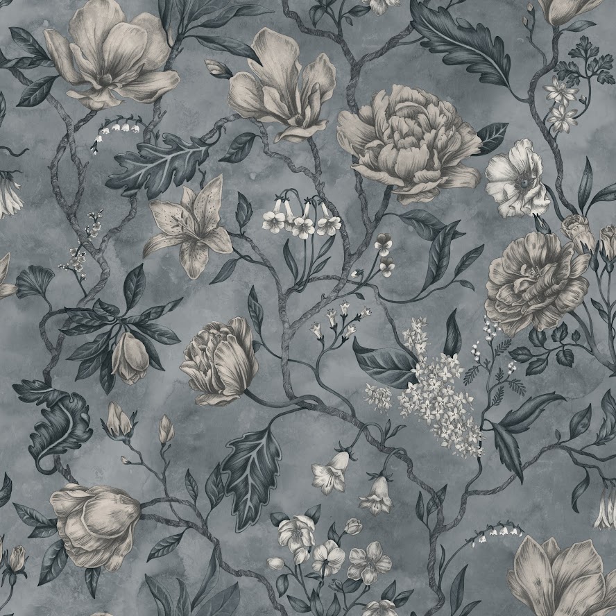romantische Blumentapete blau - große Blumen u. Blüten Tapete aus Schweden in Berlin und online kaufen