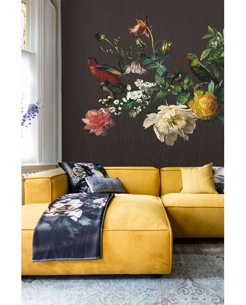 romantische Blumentapete schwarz als Wandbild im Wohnzimmer - Tapete große Blumen, Vögel, Blüten in Berlin und online kaufen