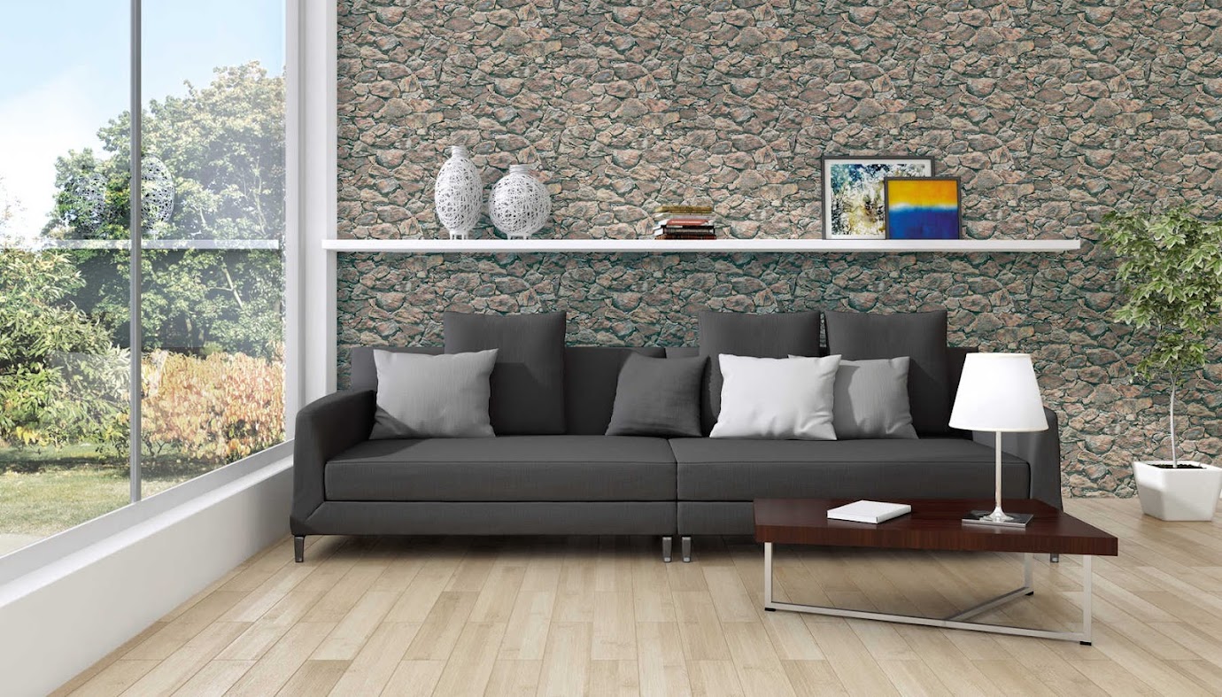 3D Stein Tapete braun grau im Wohnzimmer Raumbild