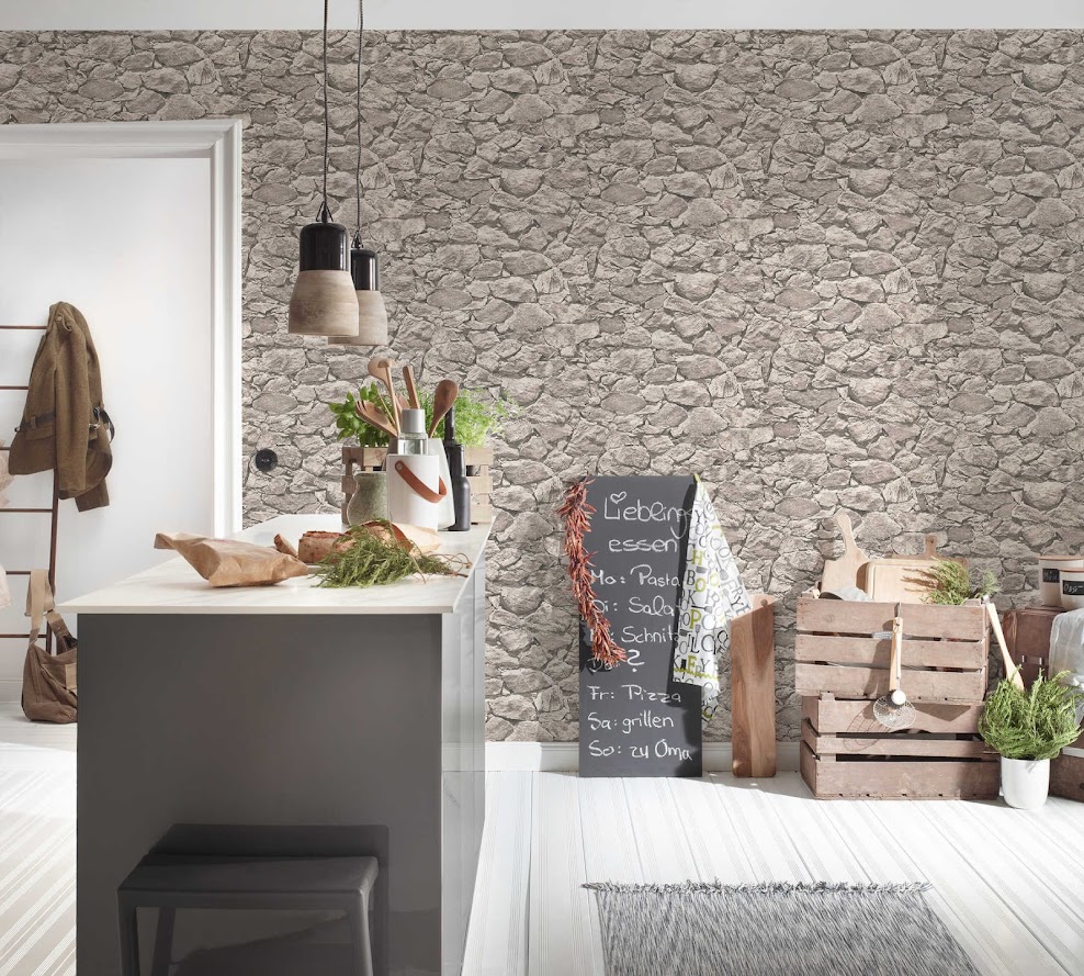 3D Stein Tapete grau beige braun im Wohnzimmer Raumbild