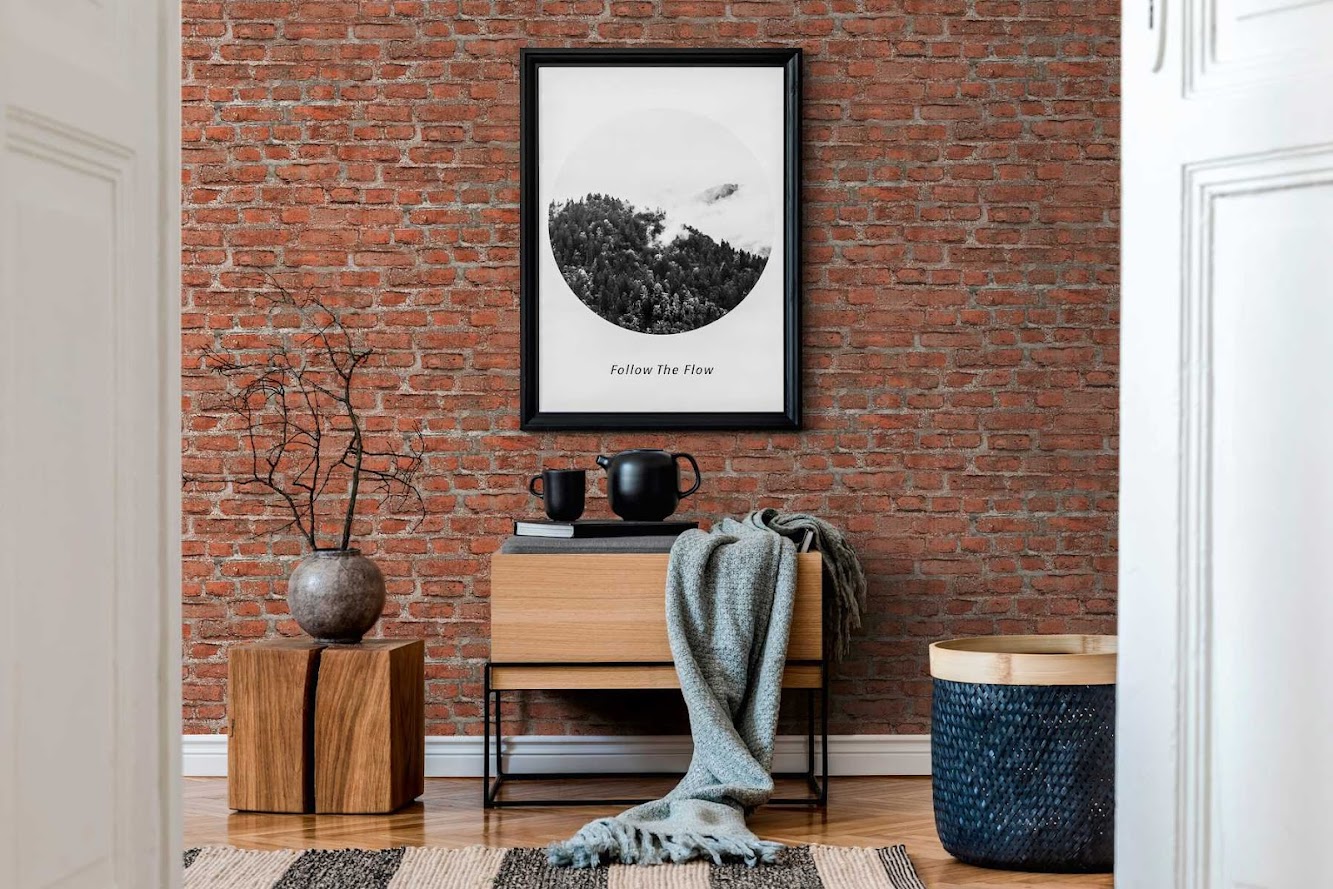 3D Stein Tapete rot im Wohnzimmer Raumbild