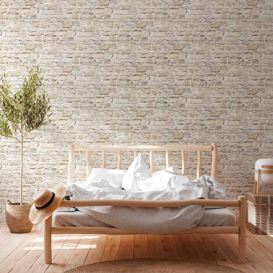 3D Stein Tapete beige im Schlafzimmer Raumbild