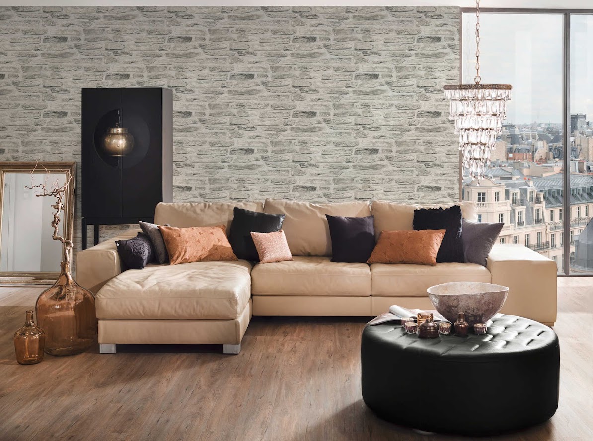 3D Stein Tapete weiss beige grau im Wohnzimmer Raumbild