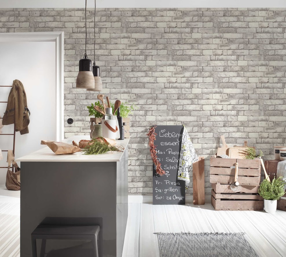 3D Stein Tapete weiss beige grau im Wohnzimmer Raumbild