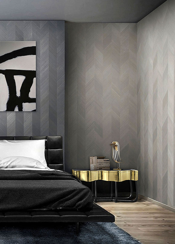 englische Echtholz Tapeten in grau und braun Omexco Infinity im Schlafzimmer aus Berlin online kaufen